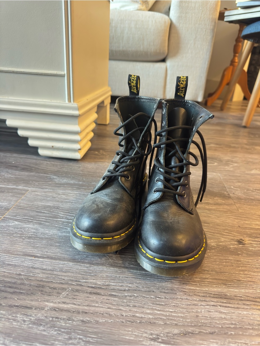 Dr. Martens Black Leather Lace-Up Boots with Yellow Stitching